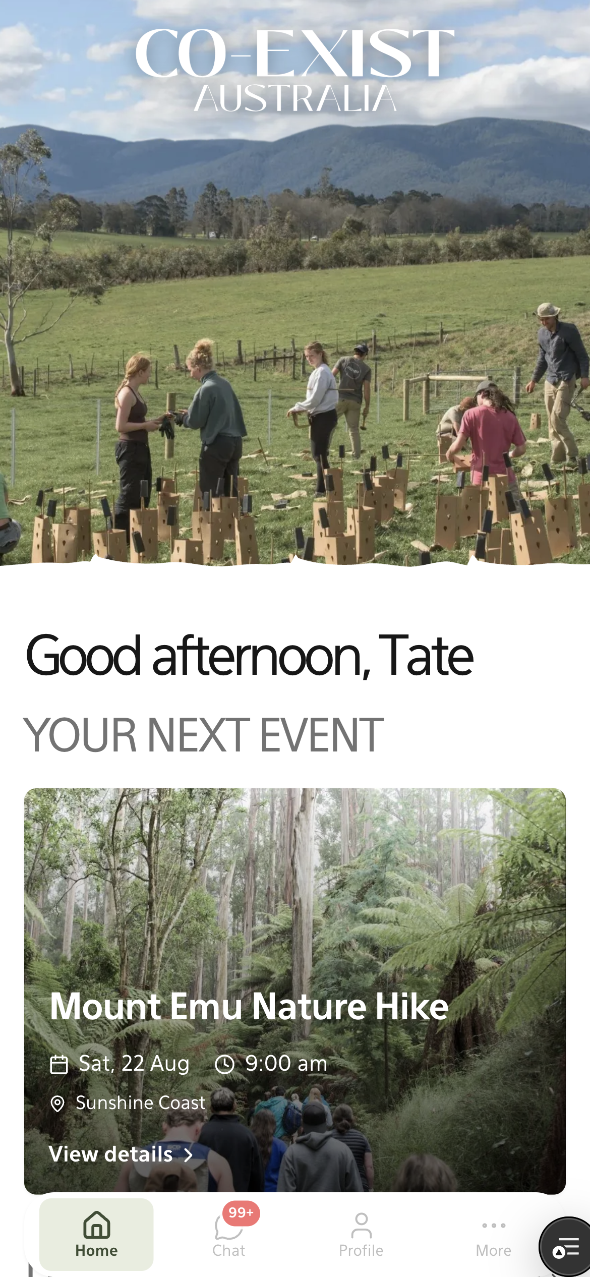 Co-Exist app home showing your next conservation event